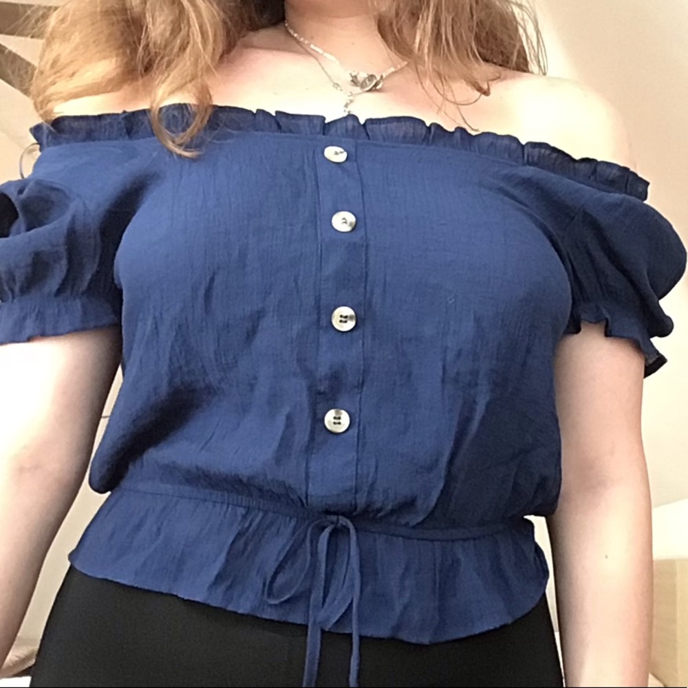 Navy off the shoulder draw string peasant top